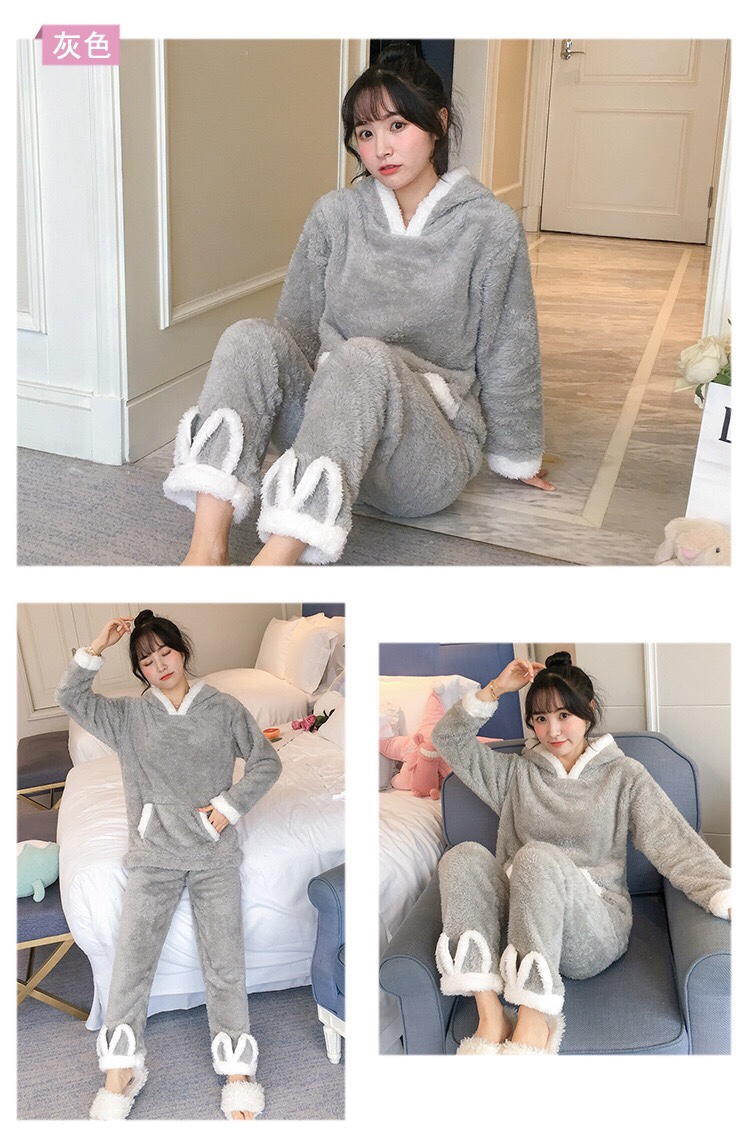 Long-haired coral fleece pajamas for women, thick and warm flannel home wear set for spring, autumn and winter, worn outside the ears detail image 7