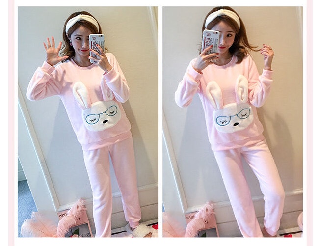 Student pajamas, thick and cute clothes, rabbit autumn plush, winter set, coral velvet detail image 6
