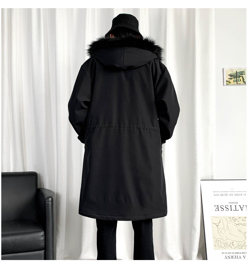 A mid-length trench coat for men in autumn and winter, a new casual jacket that overcomes the cool Korean-style loose fur collar hooded coat detail image 6