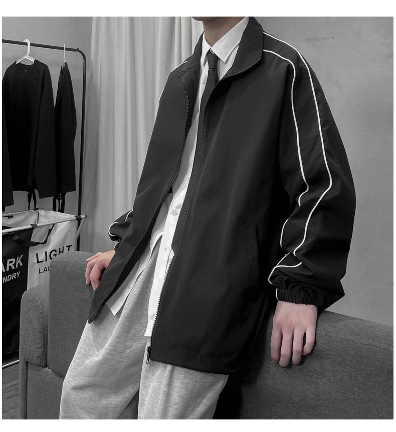 Jacket men, windbreaker men, autumn wear men, dark pluse-sized men, loose ins reflective stripe lapels, back-to-school season detail image 7