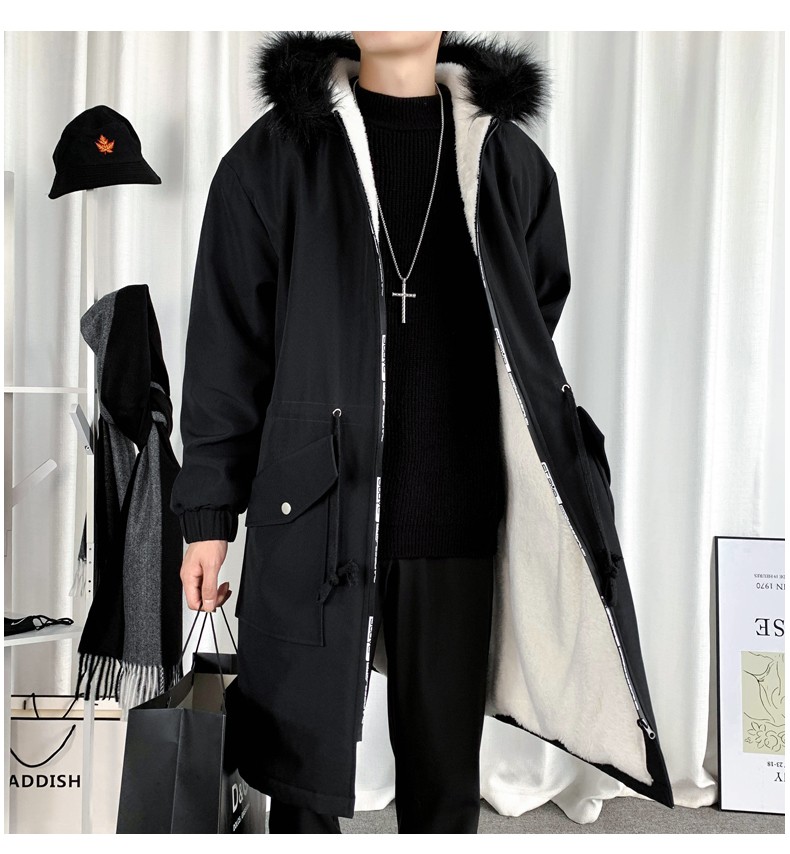 A mid-length trench coat for men in autumn and winter, a new casual jacket that overcomes the cool Korean-style loose fur collar hooded coat detail image 7