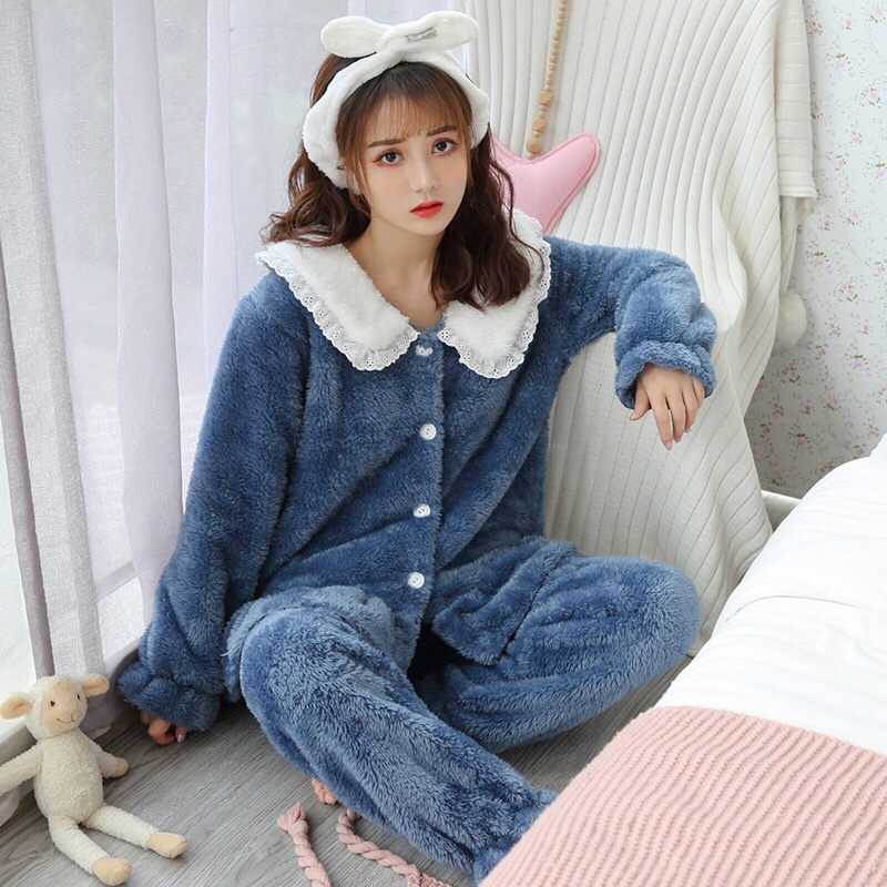 New coral fleece pajamas for women in autumn and winter, thick, warm, sweet and cute flannel home wear two-piece set in pink Item Picture