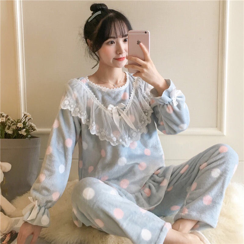 Coral fleece pajamas for women in autumn and winter, Korean sweet and cute princess-style home wear, flannel thickened warm set details Picture