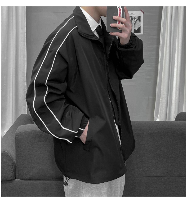 Jacket men, windbreaker men, autumn wear men, dark pluse-sized men, loose ins reflective stripe lapels, back-to-school season detail image 9