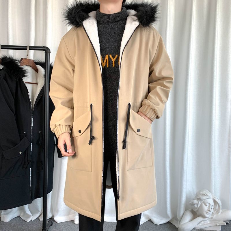 A mid-length trench coat for men in autumn and winter, a new casual jacket that overcomes the cool Korean-style loose fur collar hooded coat details Picture