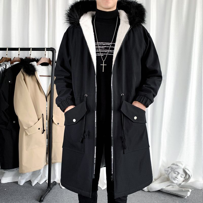 A mid-length trench coat for men in autumn and winter, a new casual jacket that overcomes the cool Korean-style loose fur collar hooded coat