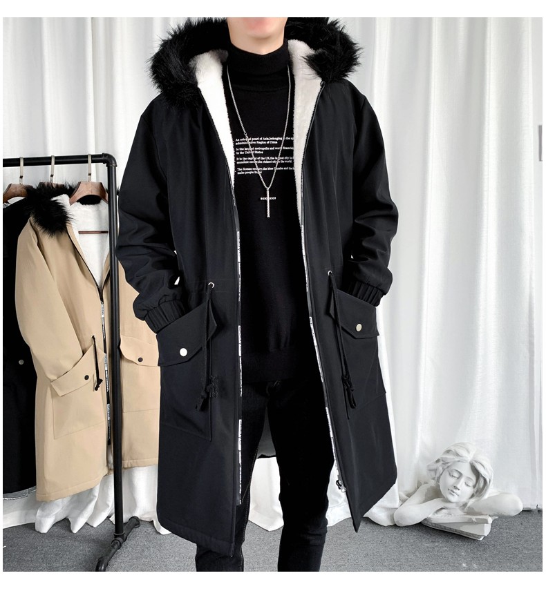 A mid-length trench coat for men in autumn and winter, a new casual jacket that overcomes the cool Korean-style loose fur collar hooded coat detail image 12