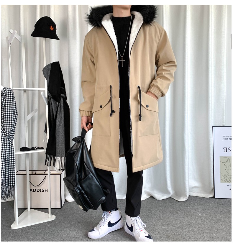 A mid-length trench coat for men in autumn and winter, a new casual jacket that overcomes the cool Korean-style loose fur collar hooded coat detail image 14