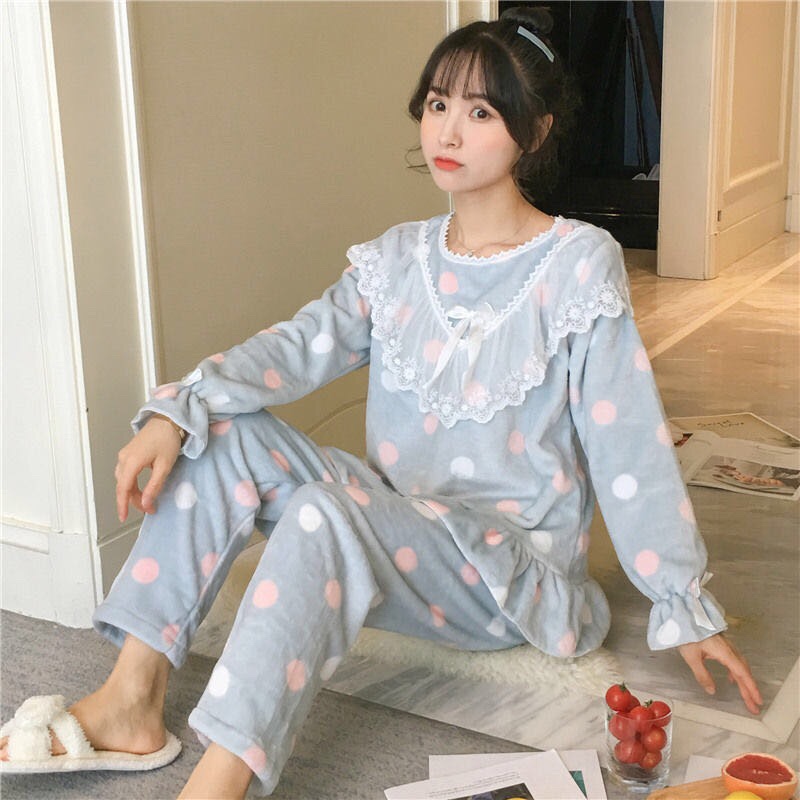 Coral fleece pajamas for women in autumn and winter, Korean sweet and cute princess-style home wear, flannel thickened warm set