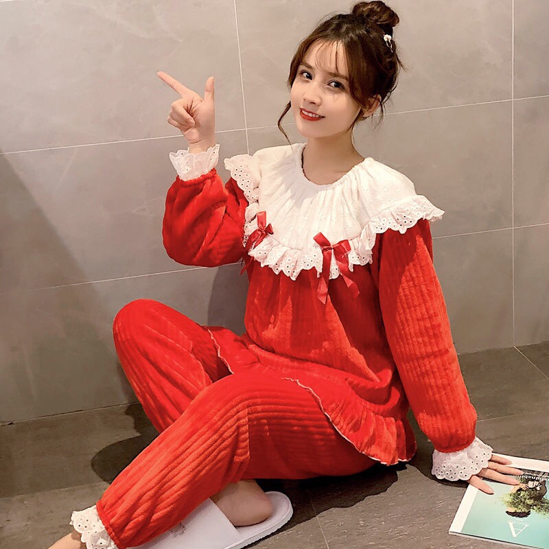 New princess-style pajamas for women in autumn and winter, coral fleece thickened and flannel Korean style cute home wear set for winter details Picture