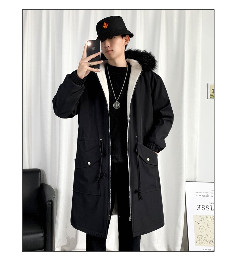 A mid-length trench coat for men in autumn and winter, a new casual jacket that overcomes the cool Korean-style loose fur collar hooded coat detail image 5