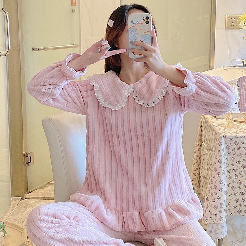 Pajama women long-sleeved autumn and winter Korean-style casual lace flannel warm thickened coral fleece solid color home wear set Item Picture