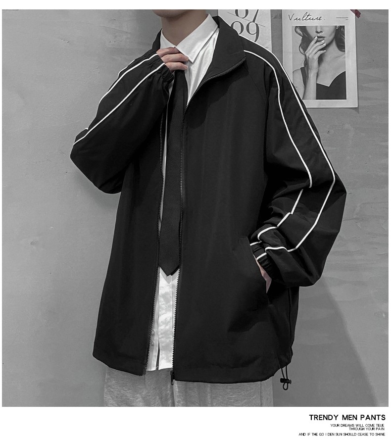 Jacket men, windbreaker men, autumn wear men, dark pluse-sized men, loose ins reflective stripe lapels, back-to-school season detail image 6