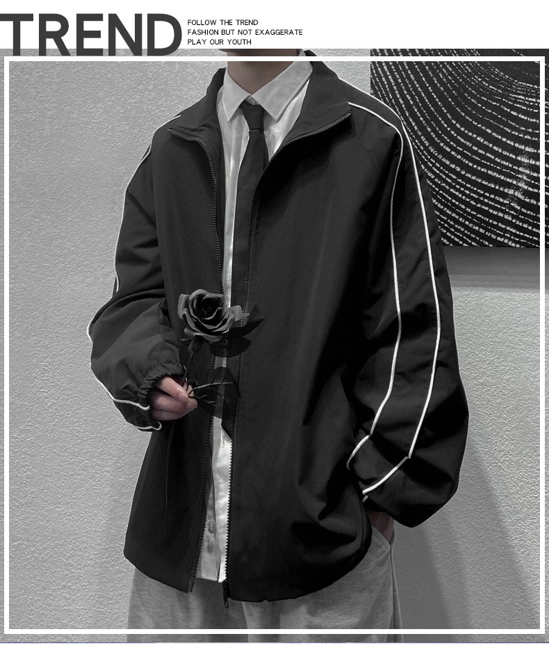 Jacket men, windbreaker men, autumn wear men, dark pluse-sized men, loose ins reflective stripe lapels, back-to-school season detail image 1