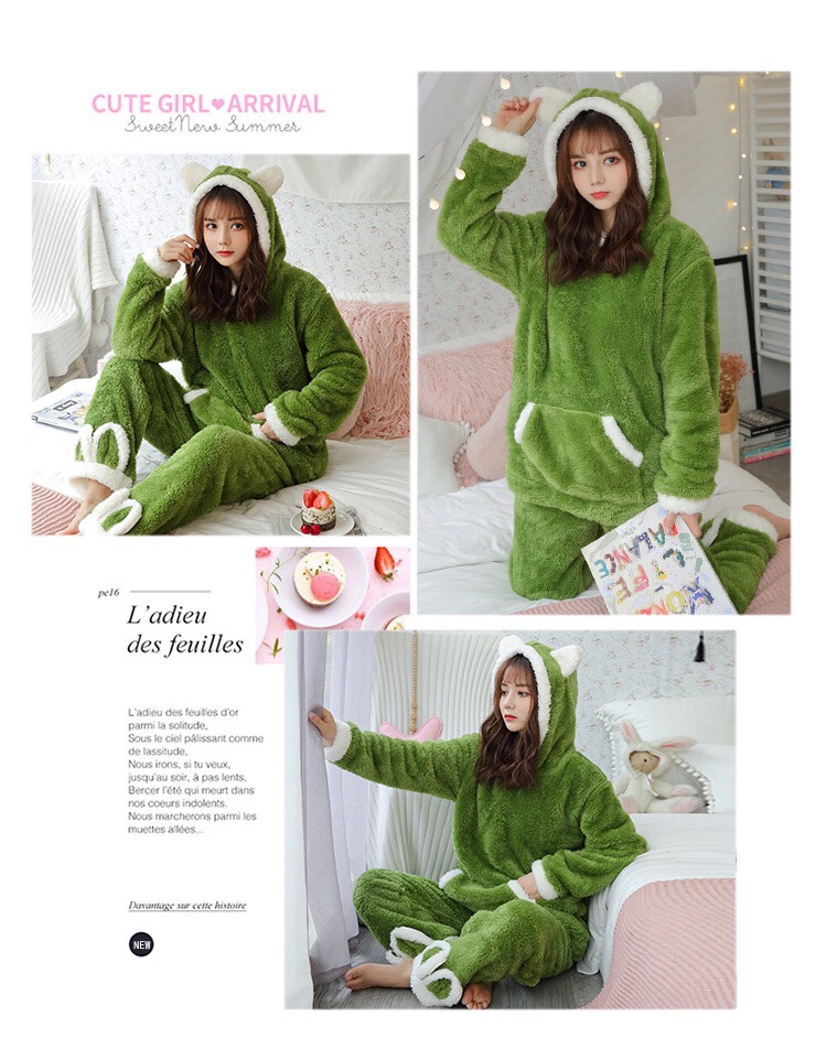 Long-haired coral fleece pajamas for women, thick and warm flannel home wear set for spring, autumn and winter, worn outside the ears detail image 3