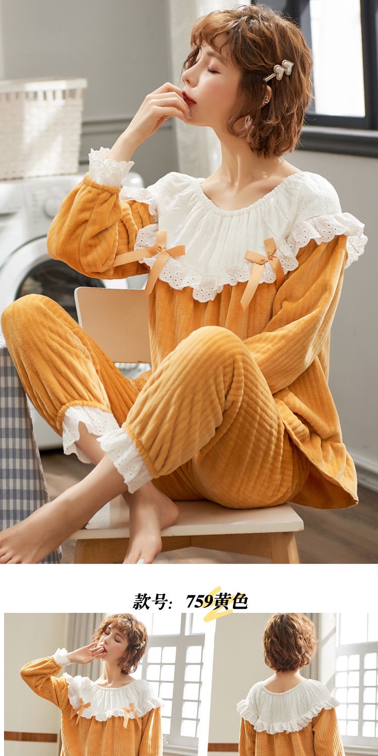 New princess-style pajamas for women in autumn and winter, coral fleece thickened and flannel Korean style cute home wear set for winter detail image 6