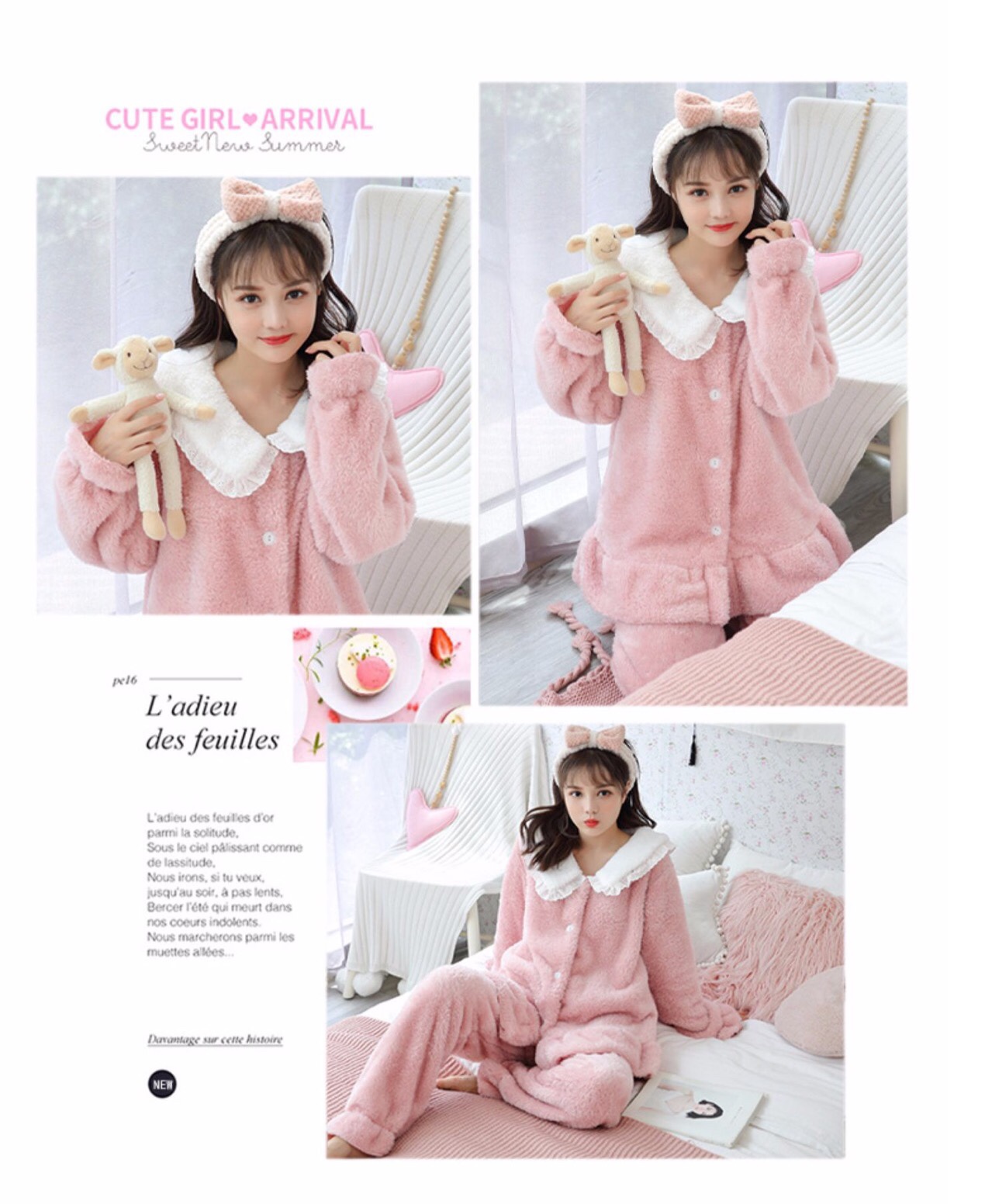 New coral fleece pajamas for women in autumn and winter, thick, warm, sweet and cute flannel home wear two-piece set in pink detail image 4