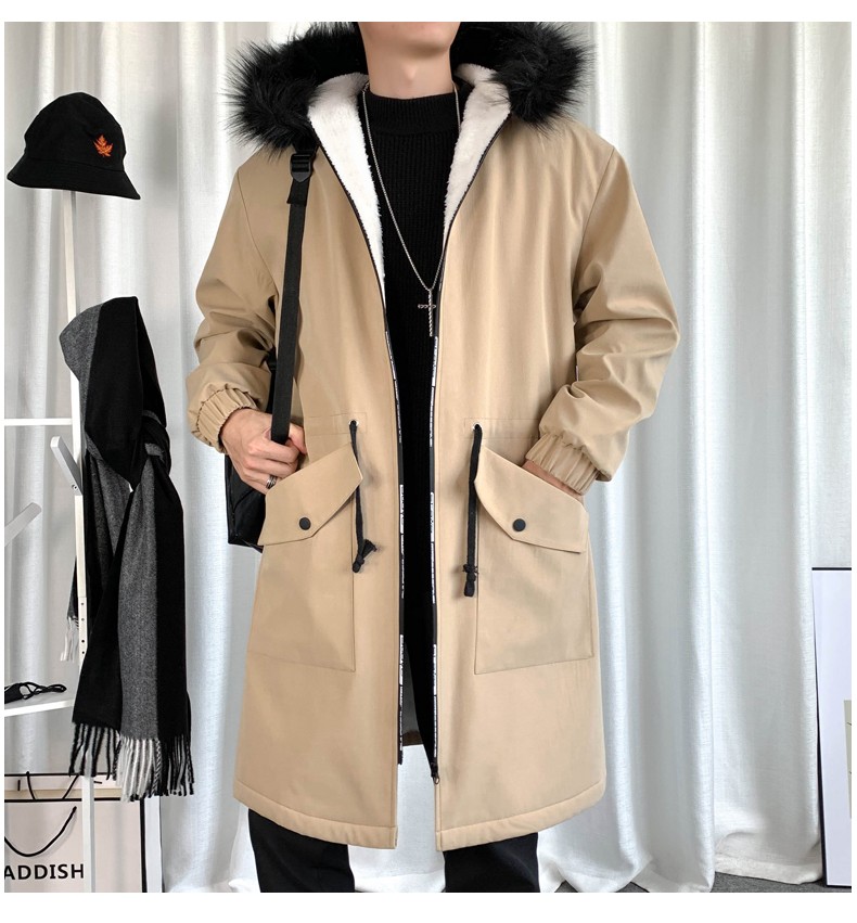A mid-length trench coat for men in autumn and winter, a new casual jacket that overcomes the cool Korean-style loose fur collar hooded coat detail image 15