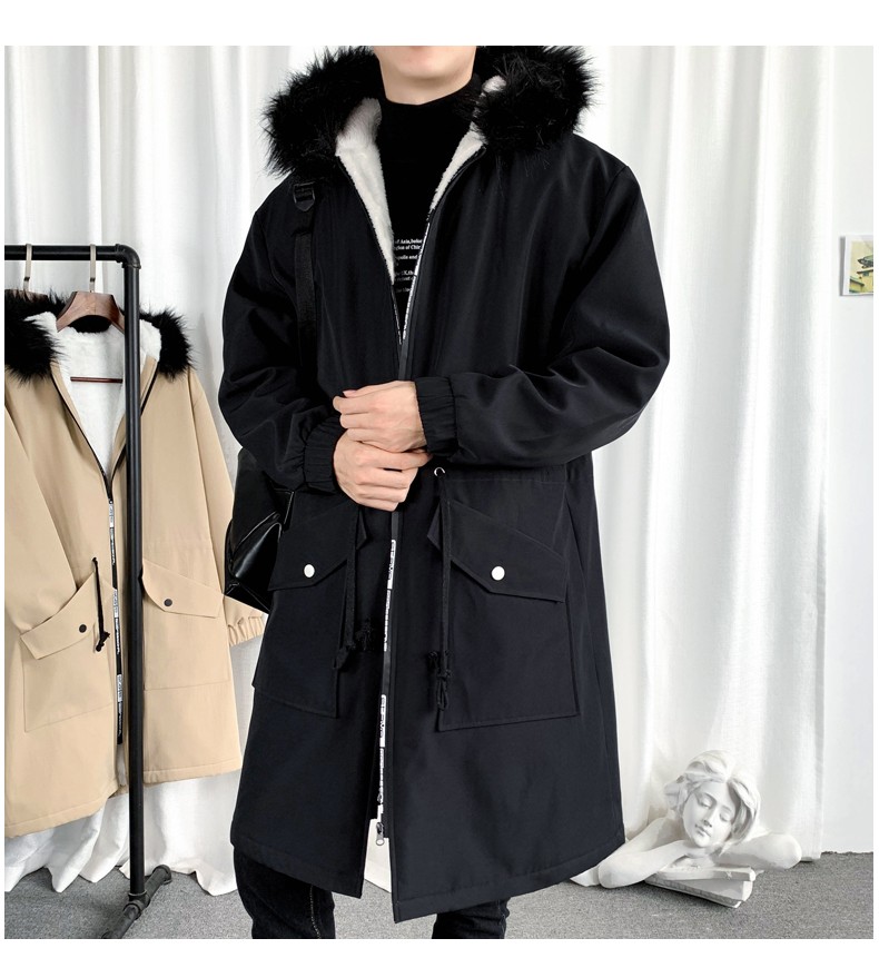 A mid-length trench coat for men in autumn and winter, a new casual jacket that overcomes the cool Korean-style loose fur collar hooded coat detail image 11