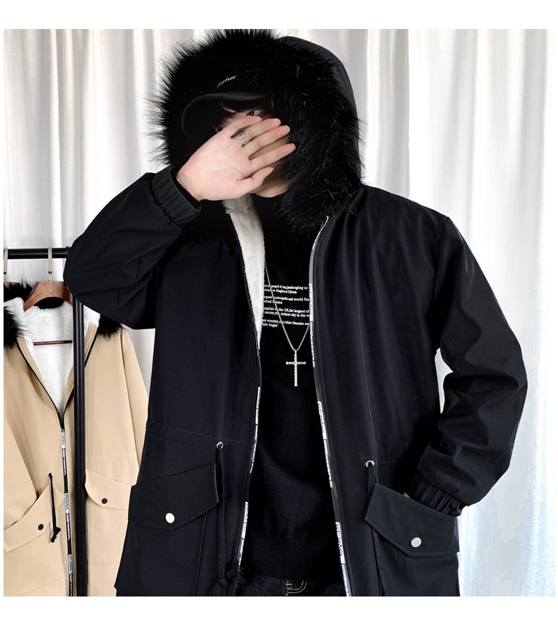 A mid-length trench coat for men in autumn and winter, a new casual jacket that overcomes the cool Korean-style loose fur collar hooded coat detail image 8