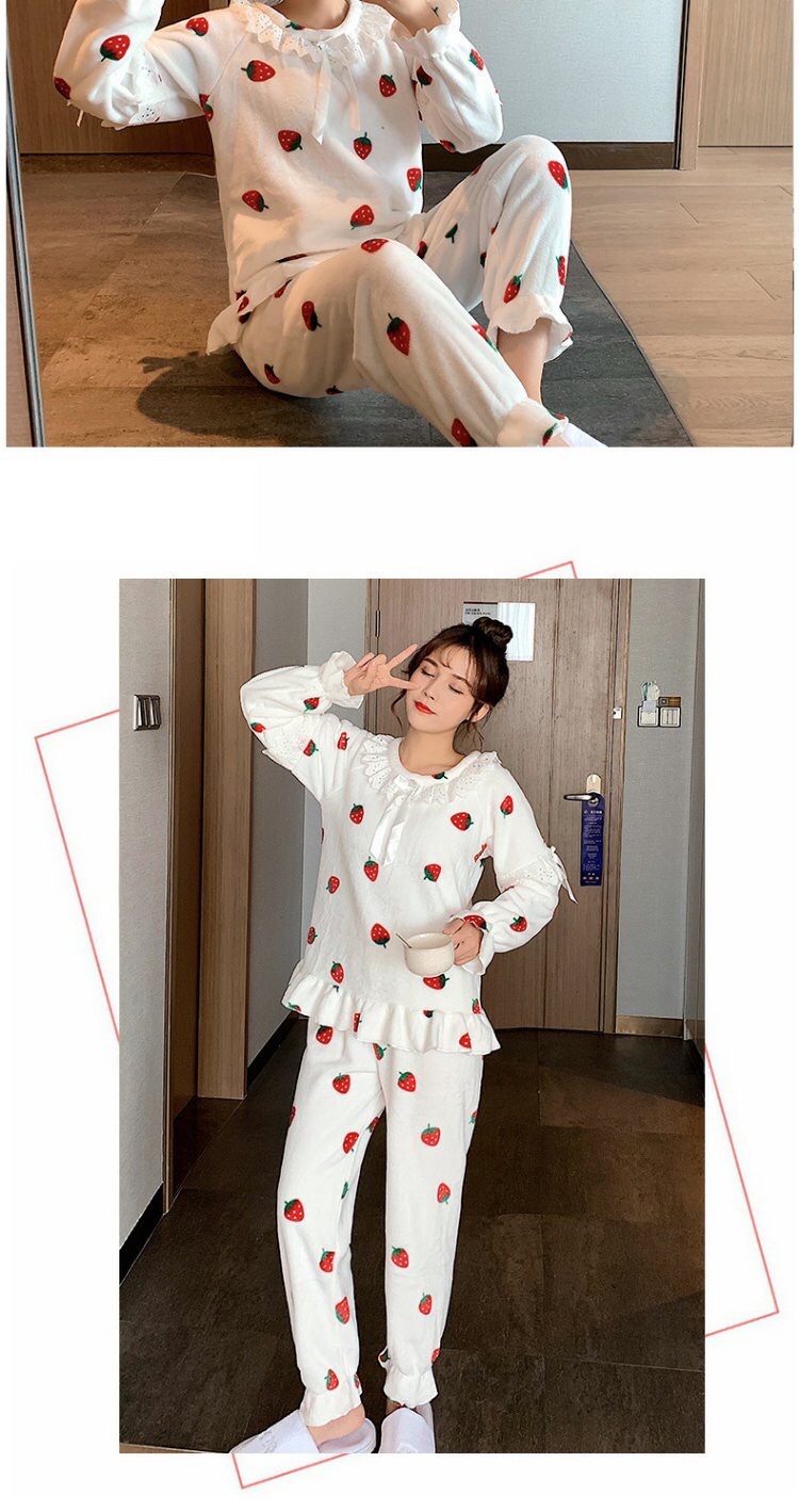 Flannel pajamas for women in winter, thick and fleece, Korean princess strawberry set, home wear, long pants, round neck detail image 5