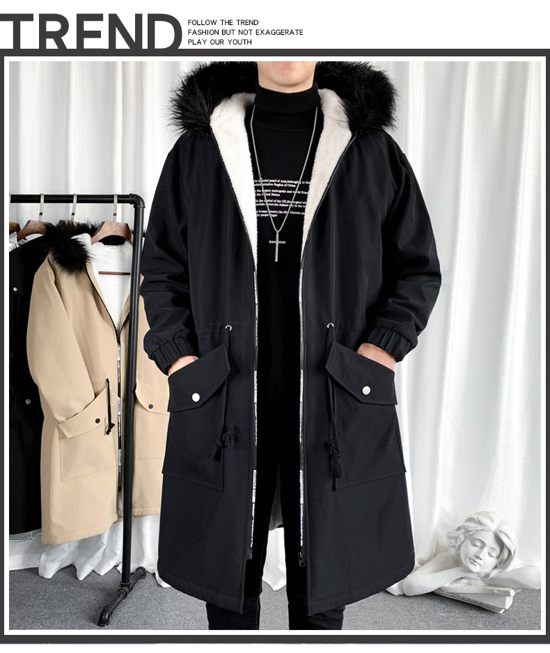A mid-length trench coat for men in autumn and winter, a new casual jacket that overcomes the cool Korean-style loose fur collar hooded coat detail image 1