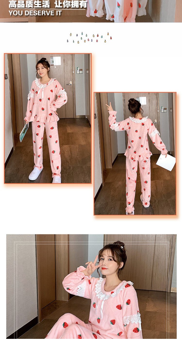 Flannel pajamas for women in winter, thick and fleece, Korean princess strawberry set, home wear, long pants, round neck detail image 3