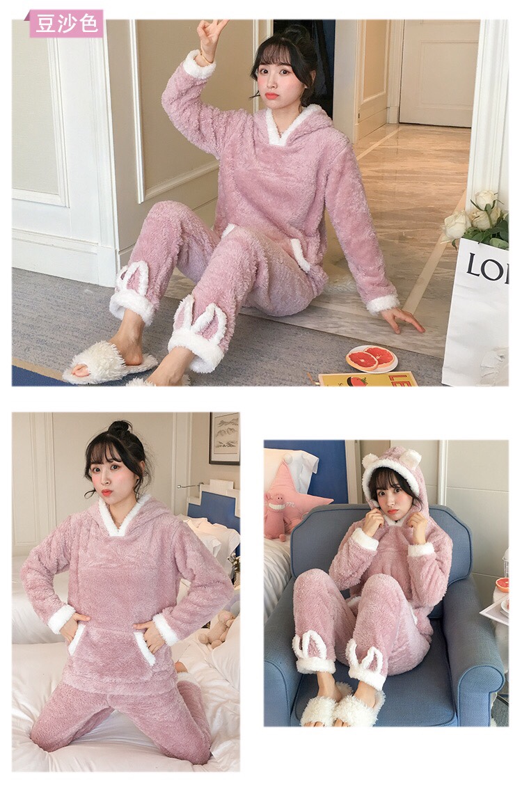 Long-haired coral fleece pajamas for women, thick and warm flannel home wear set for spring, autumn and winter, worn outside the ears detail image 6
