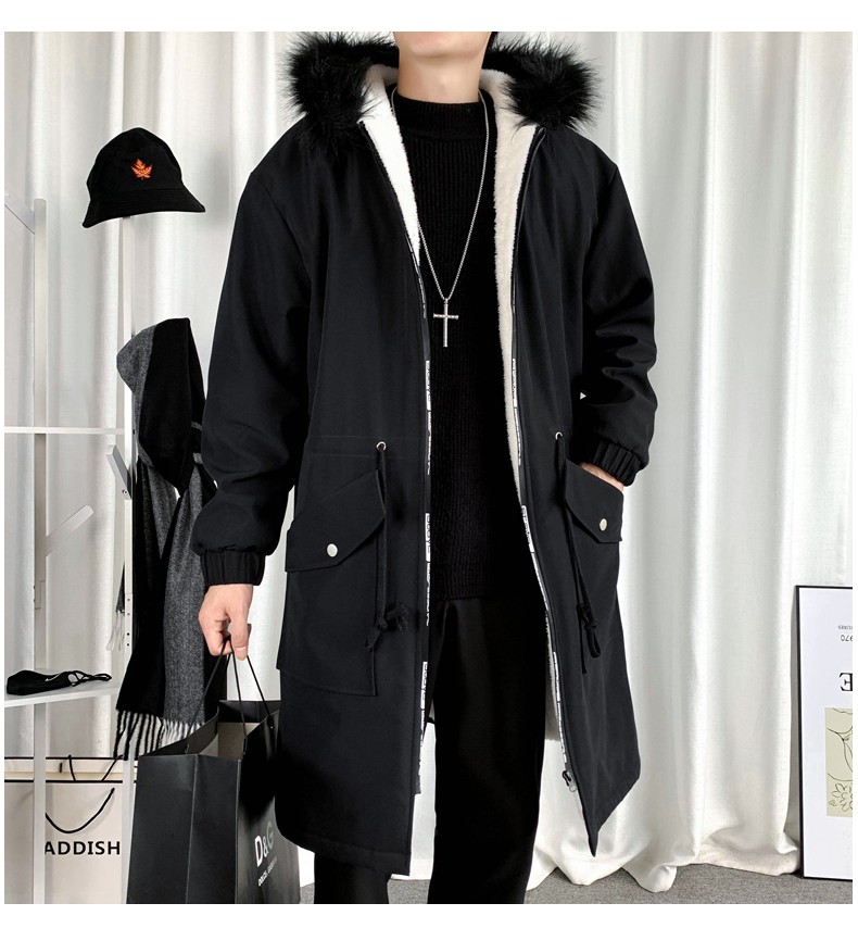 A mid-length trench coat for men in autumn and winter, a new casual jacket that overcomes the cool Korean-style loose fur collar hooded coat detail image 9
