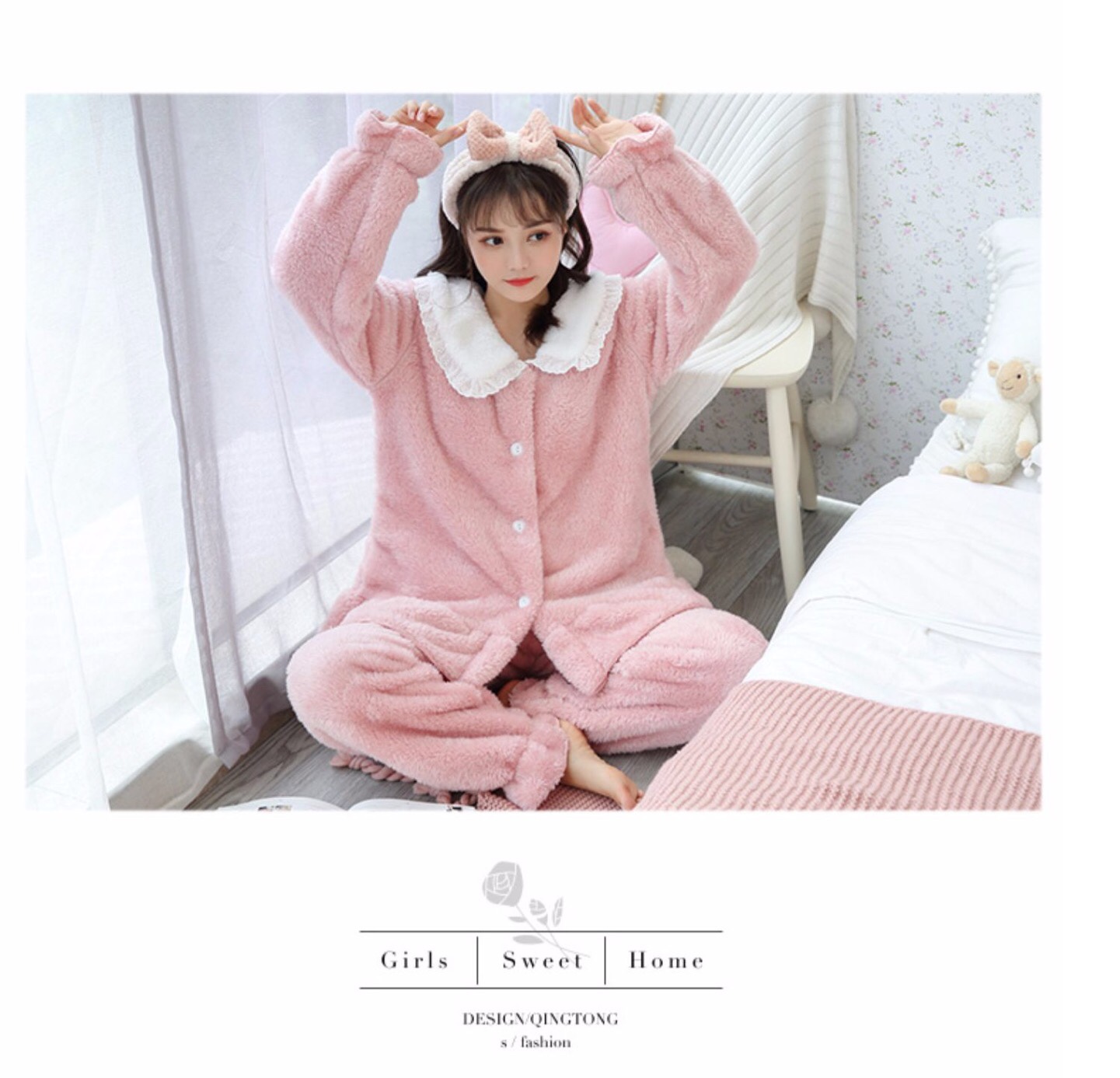 New coral fleece pajamas for women in autumn and winter, thick, warm, sweet and cute flannel home wear two-piece set in pink detail image 5