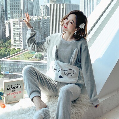 Student pajamas, thick and cute clothes, rabbit autumn plush, winter set, coral velvet detail image 3