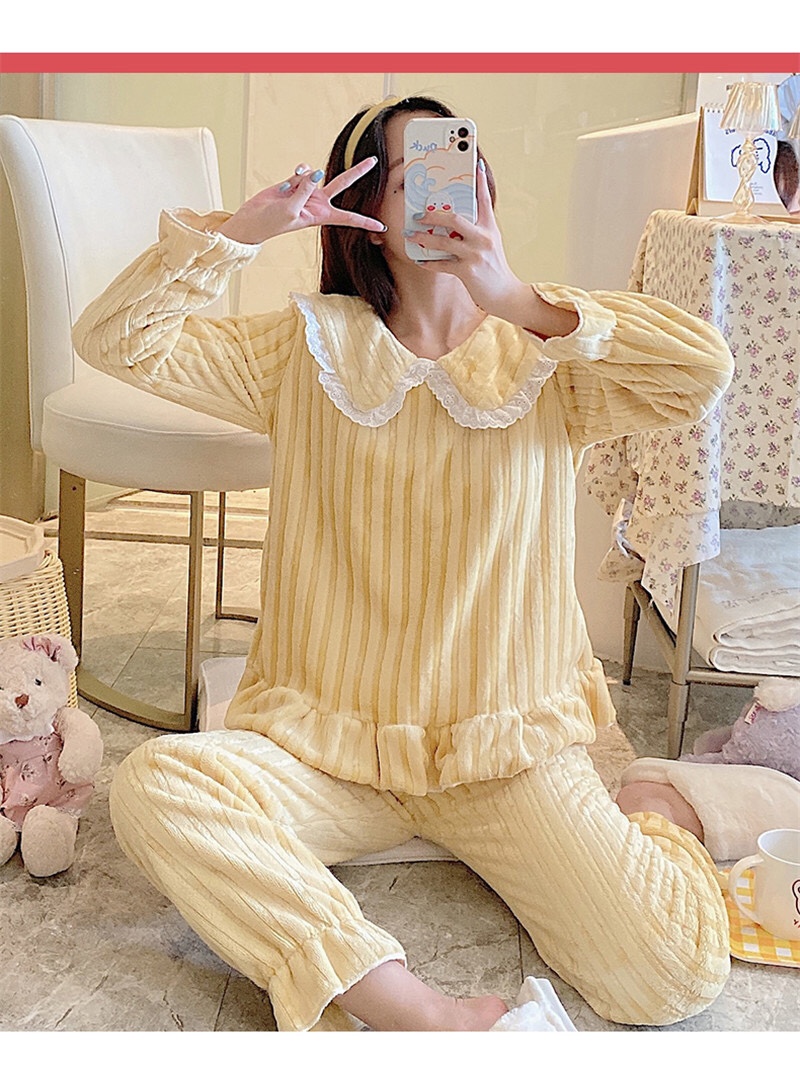 Pajama women long-sleeved autumn and winter Korean-style casual lace flannel warm thickened coral fleece solid color home wear set detail image 4