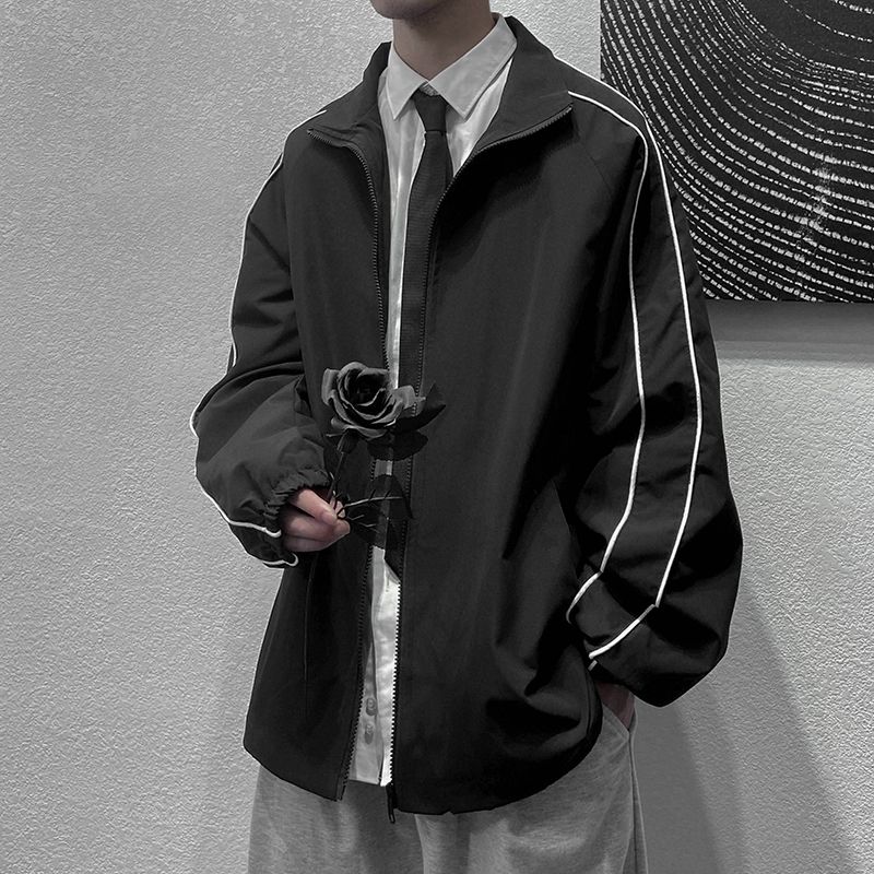 Jacket men, windbreaker men, autumn wear men, dark pluse-sized men, loose ins reflective stripe lapels, back-to-school season