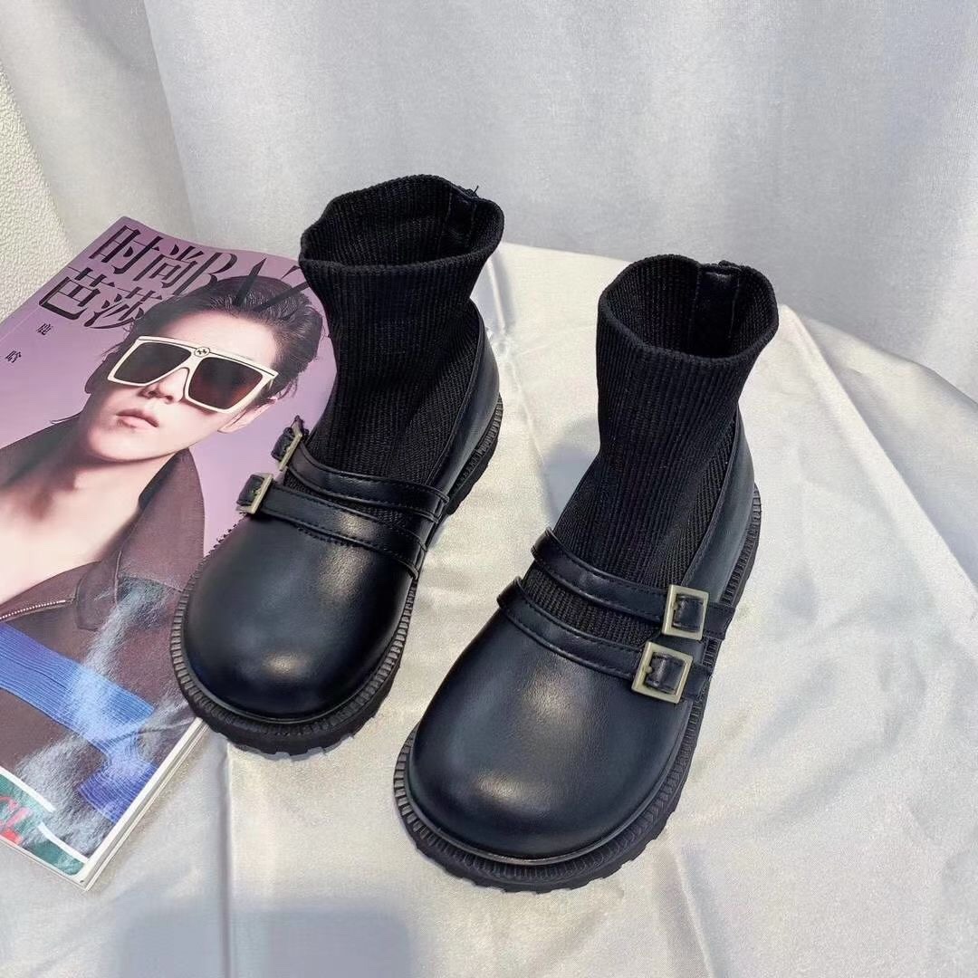 Children's flying knitting socks and boots Fall new two-button girl Martin boots Korean version of little girl princess leather boots trend thumbnail