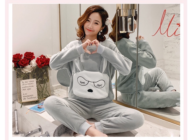 Student pajamas, thick and cute clothes, rabbit autumn plush, winter set, coral velvet Item Picture