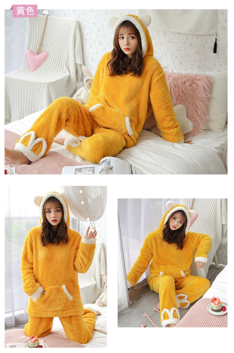 Long-haired coral fleece pajamas for women, thick and warm flannel home wear set for spring, autumn and winter, worn outside the ears detail image 5
