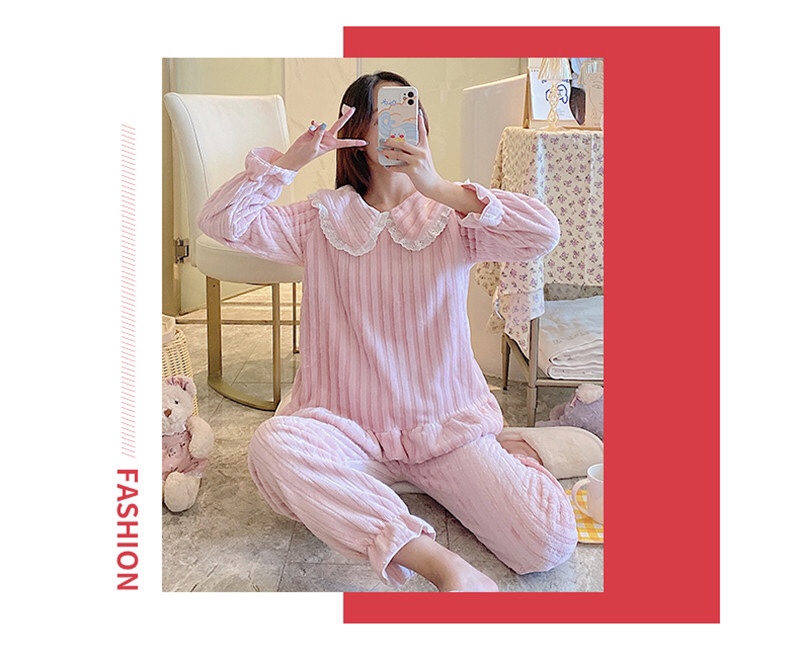 Pajama women long-sleeved autumn and winter Korean-style casual lace flannel warm thickened coral fleece solid color home wear set detail image 2