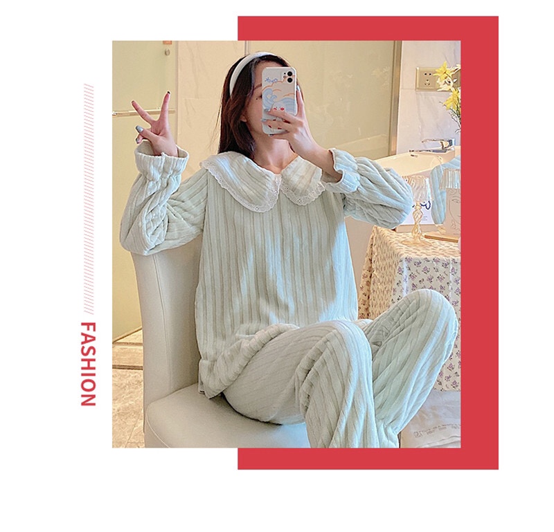 Pajama women long-sleeved autumn and winter Korean-style casual lace flannel warm thickened coral fleece solid color home wear set detail image 7
