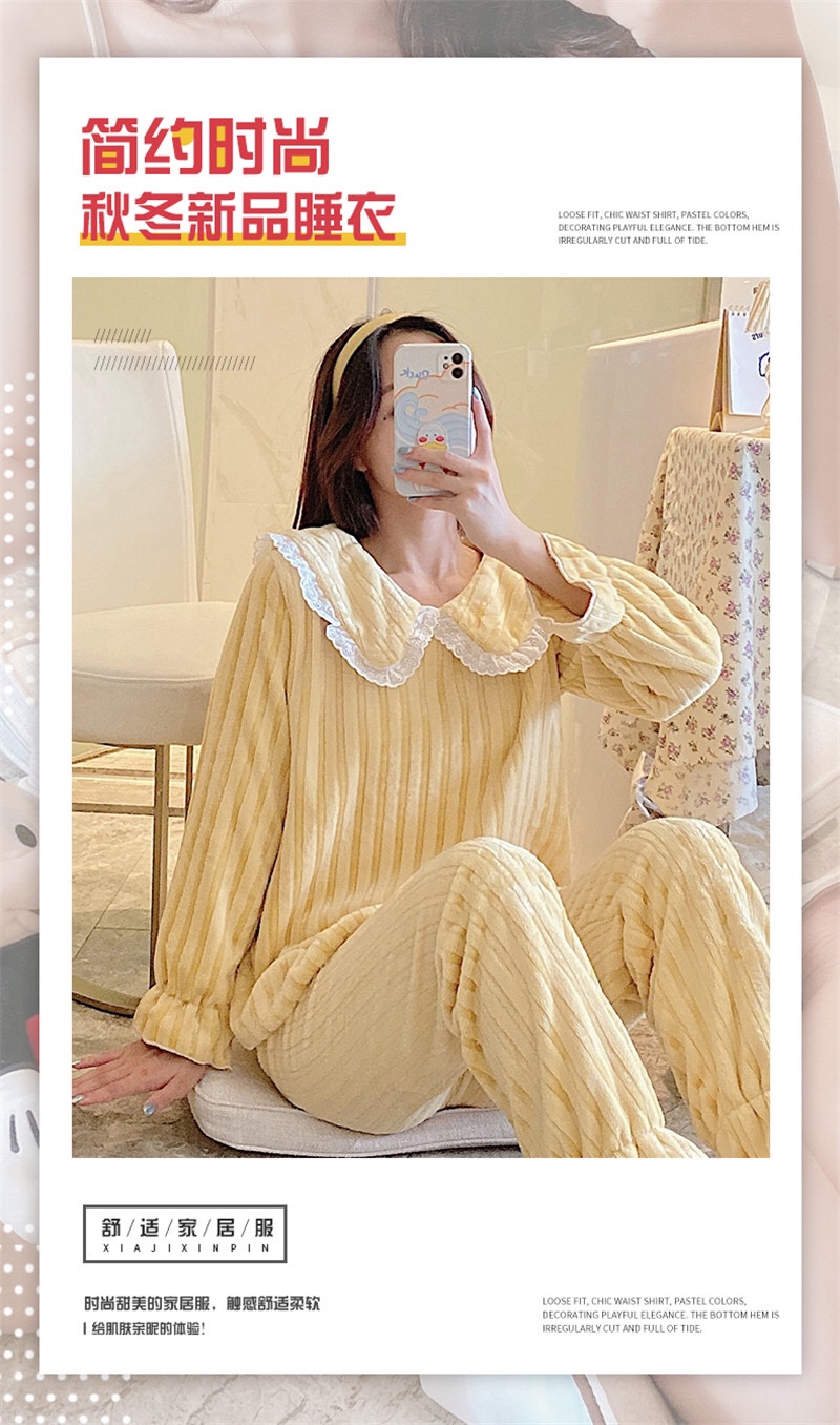 Pajama women long-sleeved autumn and winter Korean-style casual lace flannel warm thickened coral fleece solid color home wear set detail image 3