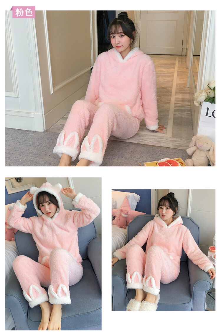 Long-haired coral fleece pajamas for women, thick and warm flannel home wear set for spring, autumn and winter, worn outside the ears detail image 8