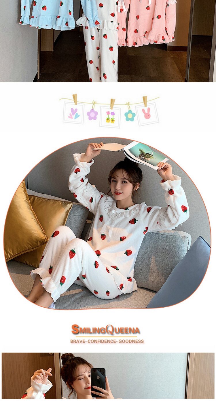 Flannel pajamas for women in winter, thick and fleece, Korean princess strawberry set, home wear, long pants, round neck detail image 4