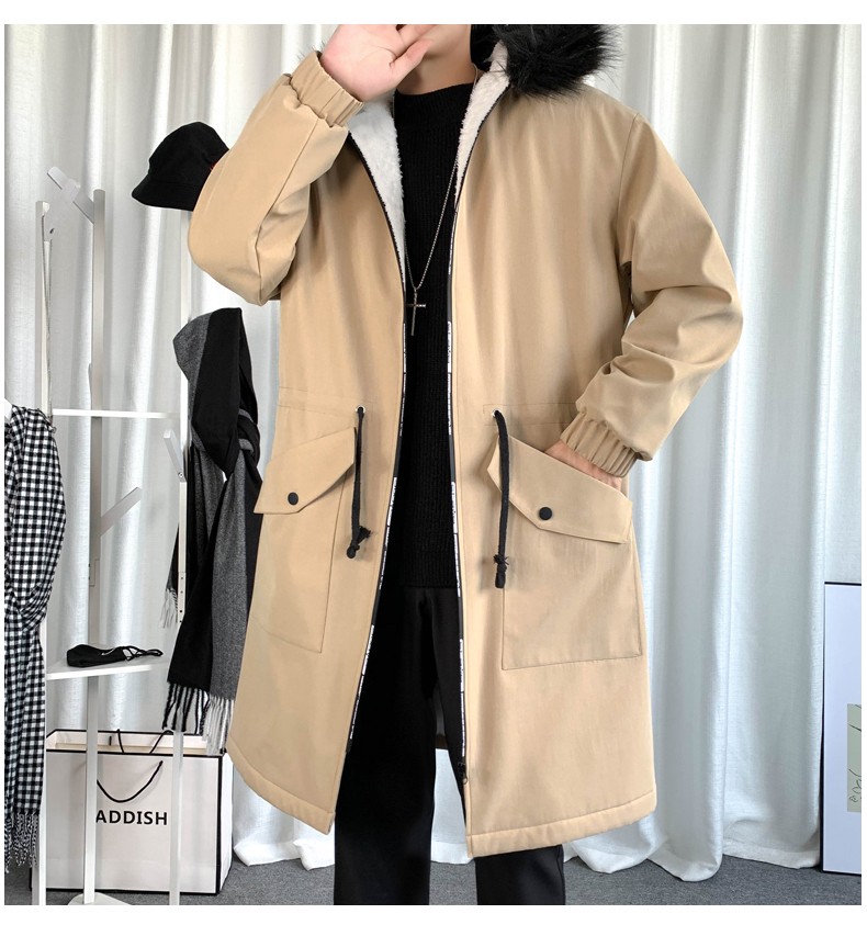 A mid-length trench coat for men in autumn and winter, a new casual jacket that overcomes the cool Korean-style loose fur collar hooded coat detail image 13