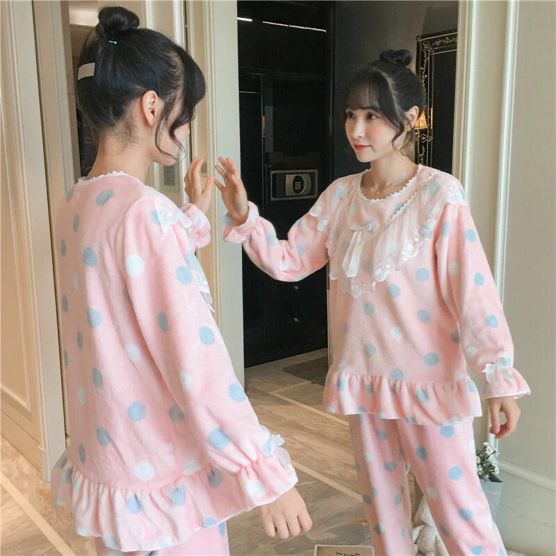 Coral fleece pajamas for women in autumn and winter, Korean sweet and cute princess-style home wear, flannel thickened warm set Application Scenario