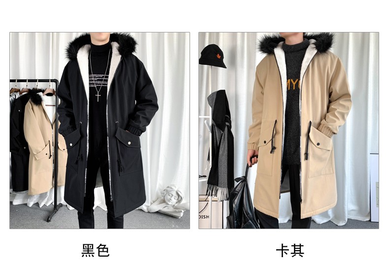 A mid-length trench coat for men in autumn and winter, a new casual jacket that overcomes the cool Korean-style loose fur collar hooded coat detail image 3