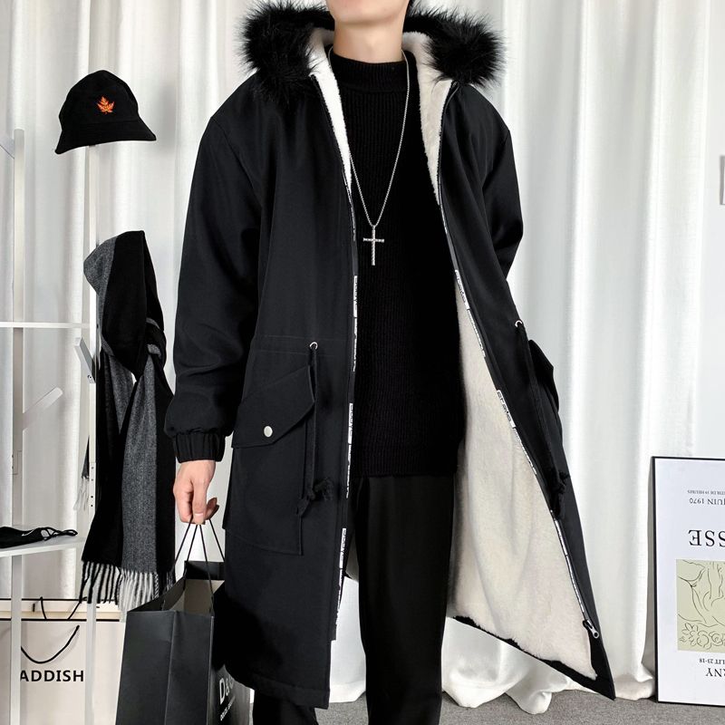 A mid-length trench coat for men in autumn and winter, a new casual jacket that overcomes the cool Korean-style loose fur collar hooded coat Specification image