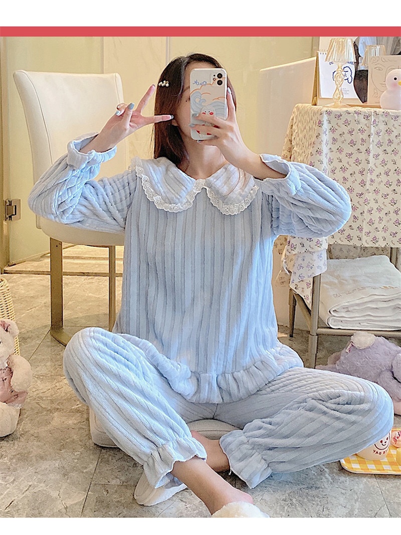 Pajama women long-sleeved autumn and winter Korean-style casual lace flannel warm thickened coral fleece solid color home wear set detail image 5
