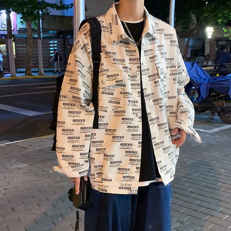 Autumn Hong Kong-style loose lapel jacket, men's letter casual floral jacket, couple style student top Application Scenario