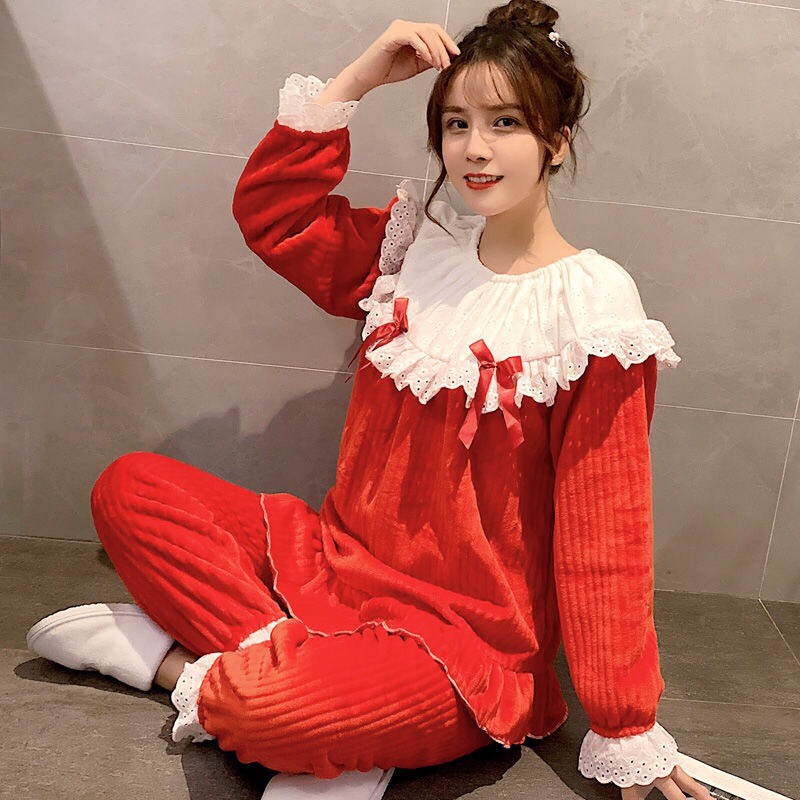 New princess-style pajamas for women in autumn and winter, coral fleece thickened and flannel Korean style cute home wear set for winter detail image 1