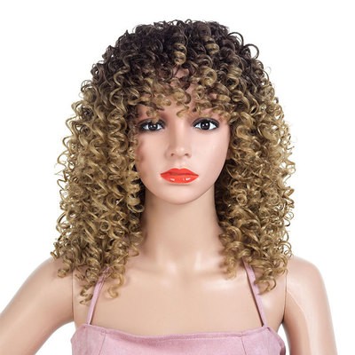 New gradient color African small curly synthetic fiber wig cover for women's long curly hair in Europe and America detail image 3