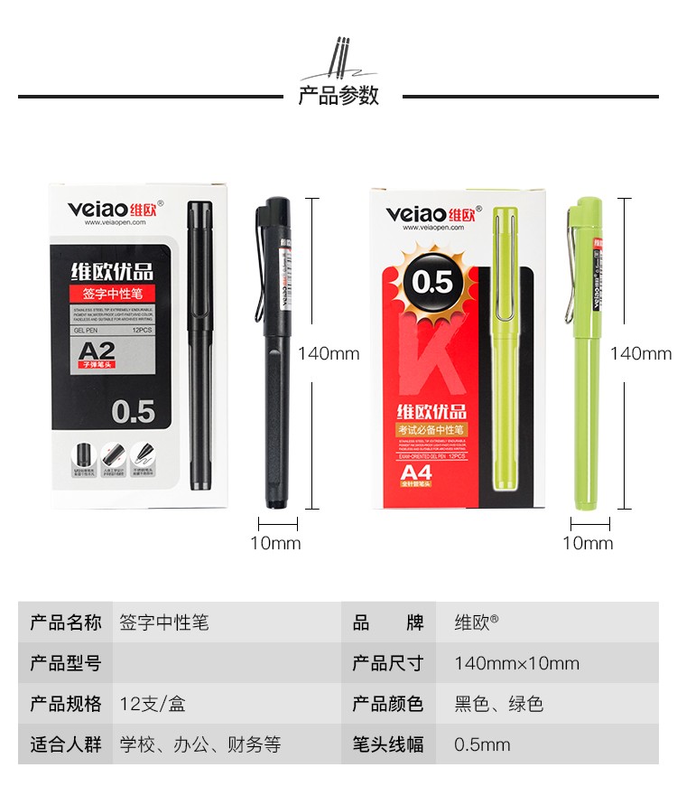Vio A2 neutral black and green student office business instruction signature prescription Finance tipping pen U-shaped cap pic 2